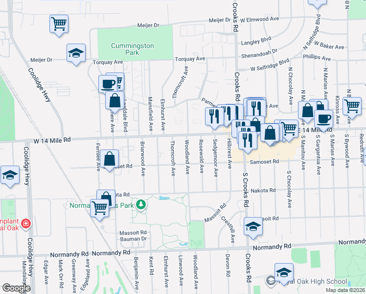 map of restaurants, bars, coffee shops, grocery stores, and more near 2023 West 14 Mile Road in Royal Oak