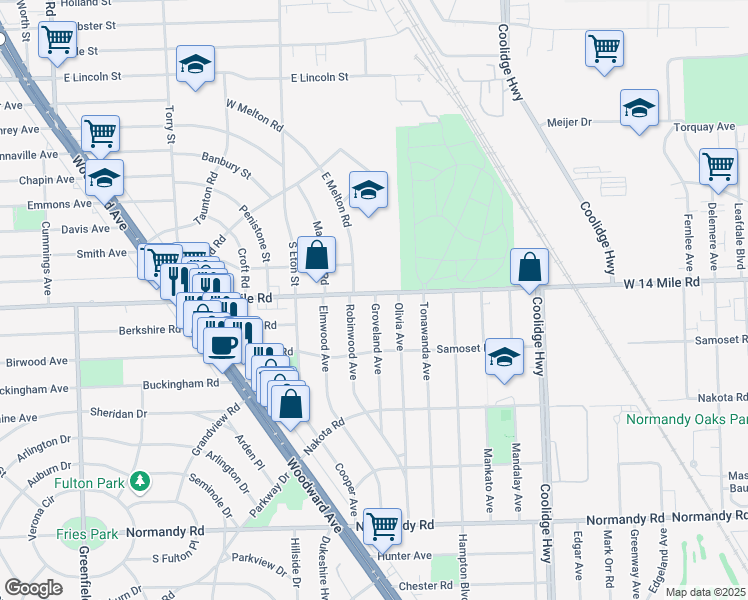 map of restaurants, bars, coffee shops, grocery stores, and more near 2225 East 14 Mile Road in Birmingham