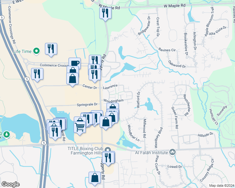 map of restaurants, bars, coffee shops, grocery stores, and more near 7933 Lawrence in West Bloomfield Township