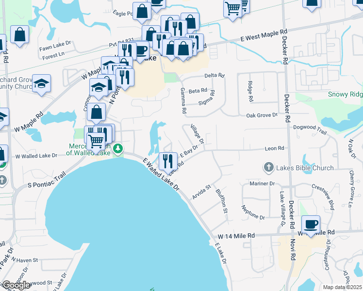 map of restaurants, bars, coffee shops, grocery stores, and more near 429 Old Pine Way in Walled Lake