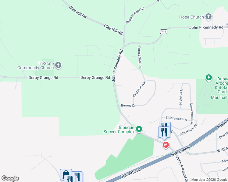 map of restaurants, bars, coffee shops, grocery stores, and more near 12704 John F Kennedy Road in Dubuque