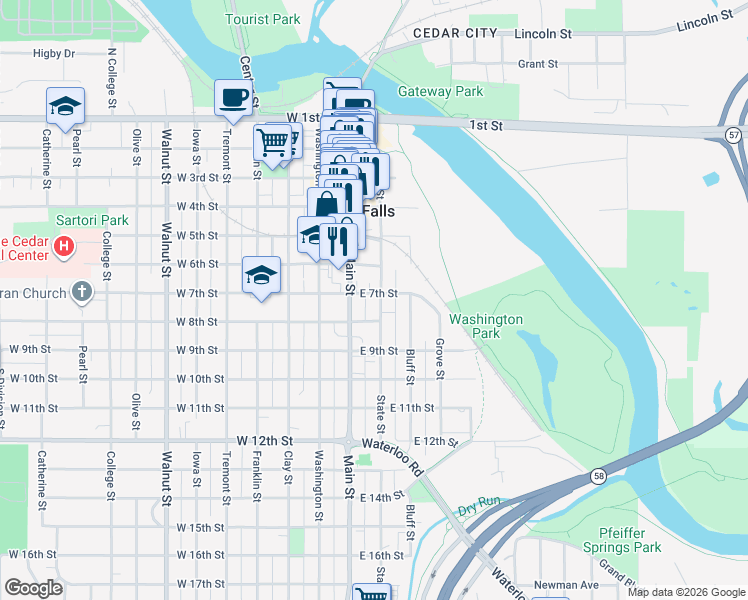 map of restaurants, bars, coffee shops, grocery stores, and more near 100-198 E 7th St in Cedar Falls
