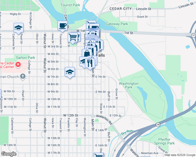 map of restaurants, bars, coffee shops, grocery stores, and more near 100-198 E 7th St in Cedar Falls