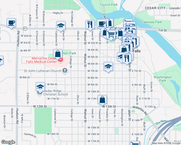 map of restaurants, bars, coffee shops, grocery stores, and more near 621 Iowa Street in Cedar Falls