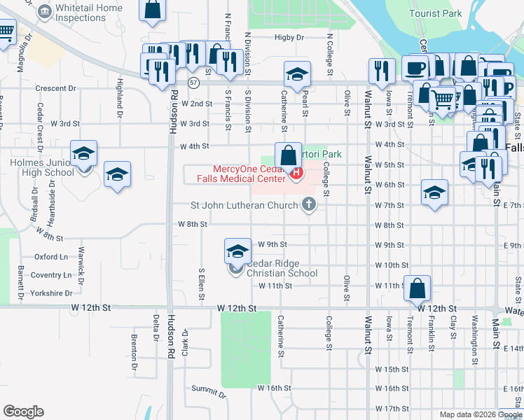 map of restaurants, bars, coffee shops, grocery stores, and more near 1201 West 7th Street in Cedar Falls