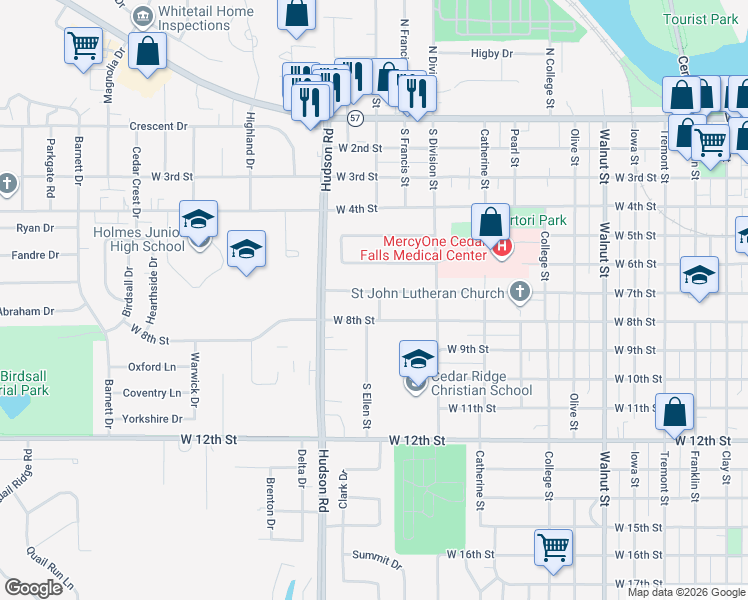 map of restaurants, bars, coffee shops, grocery stores, and more near 1425 West 7th Street in Cedar Falls
