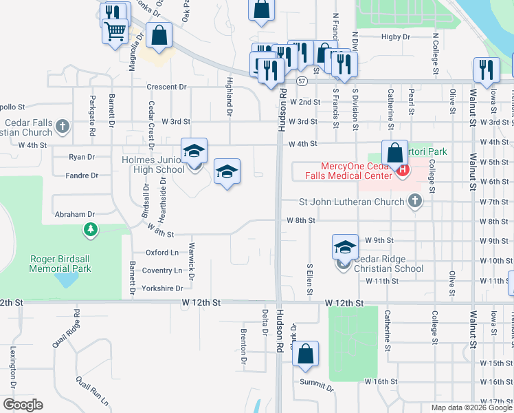 map of restaurants, bars, coffee shops, grocery stores, and more near 701 Hudson Road in Cedar Falls