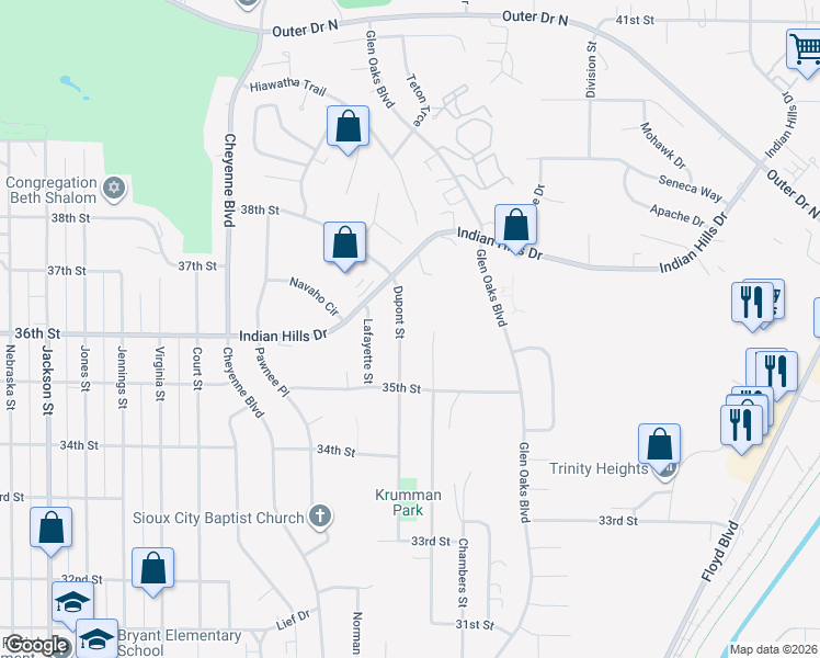 map of restaurants, bars, coffee shops, grocery stores, and more near 3606 Dupont Street in Sioux City