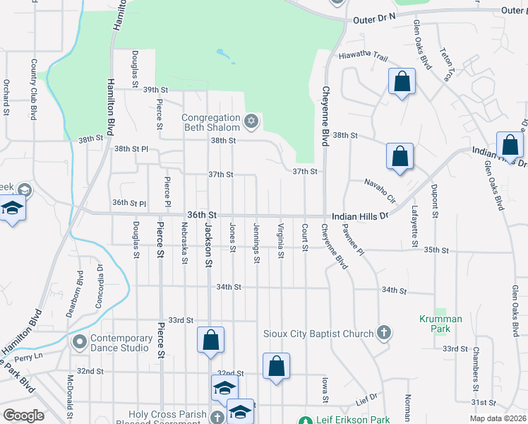 map of restaurants, bars, coffee shops, grocery stores, and more near 3612 Jennings Street in Sioux City