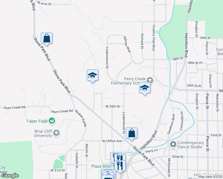 map of restaurants, bars, coffee shops, grocery stores, and more near 3647-3659 Lindenwood Street in Sioux City