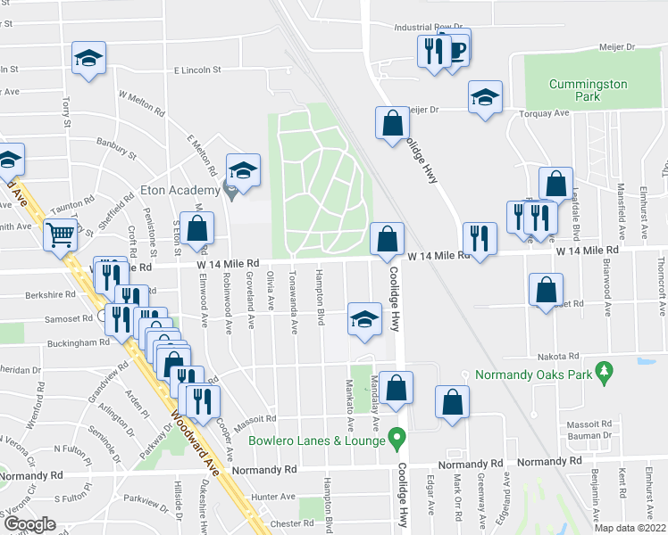 map of restaurants, bars, coffee shops, grocery stores, and more near in Birmingham