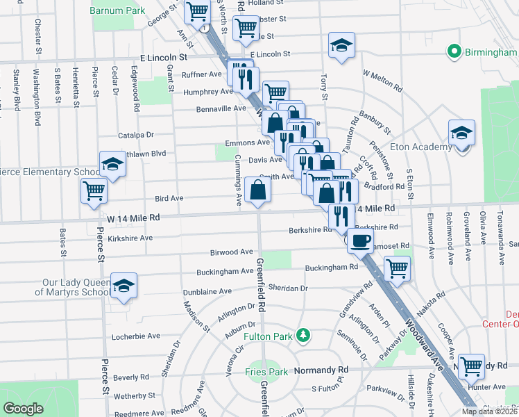 map of restaurants, bars, coffee shops, grocery stores, and more near 1166 Bird Avenue in Birmingham