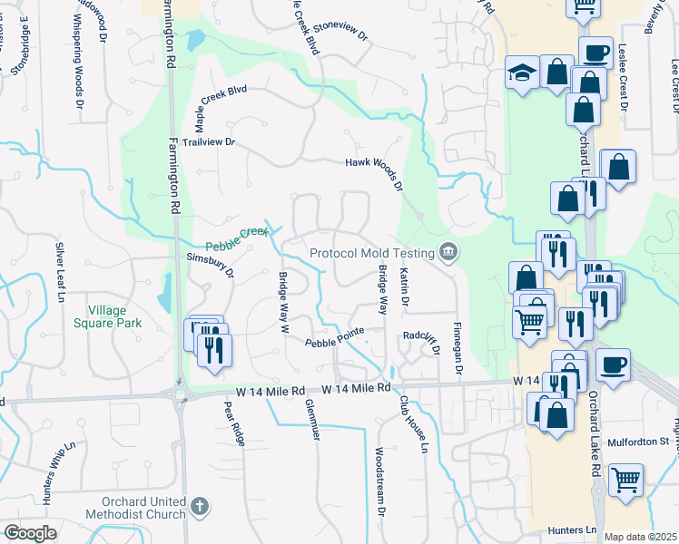 map of restaurants, bars, coffee shops, grocery stores, and more near 7147 Pebble Park Drive in West Bloomfield Township