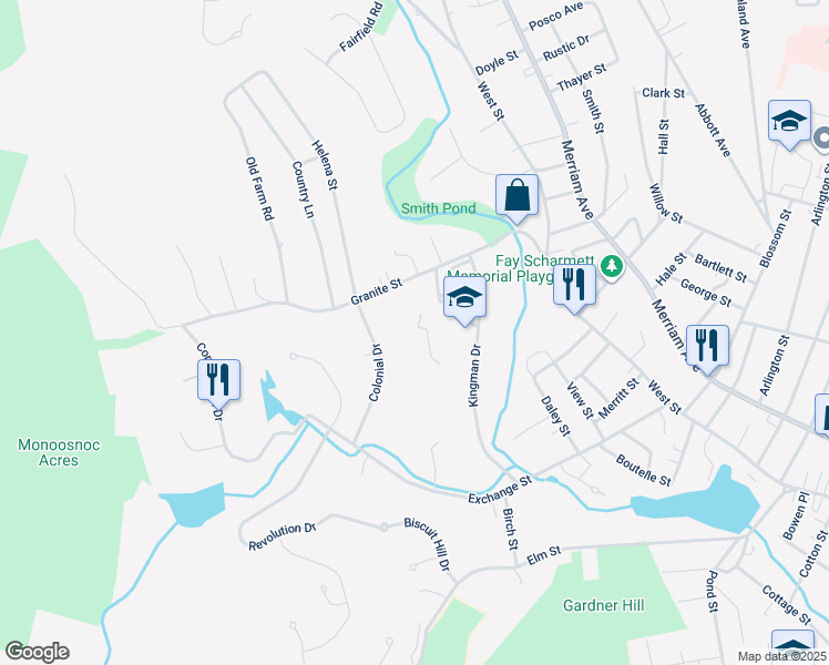 map of restaurants, bars, coffee shops, grocery stores, and more near 122 Granite Street in Leominster