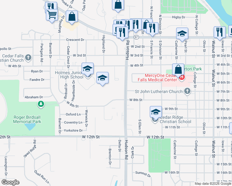 map of restaurants, bars, coffee shops, grocery stores, and more near 701 Hudson Road in Cedar Falls