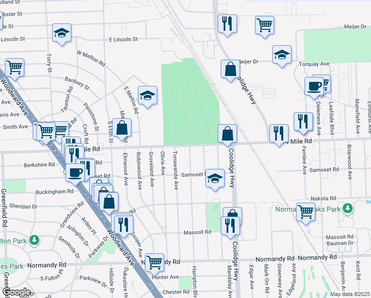 map of restaurants, bars, coffee shops, grocery stores, and more near 3501 West 14 Mile Road in Royal Oak