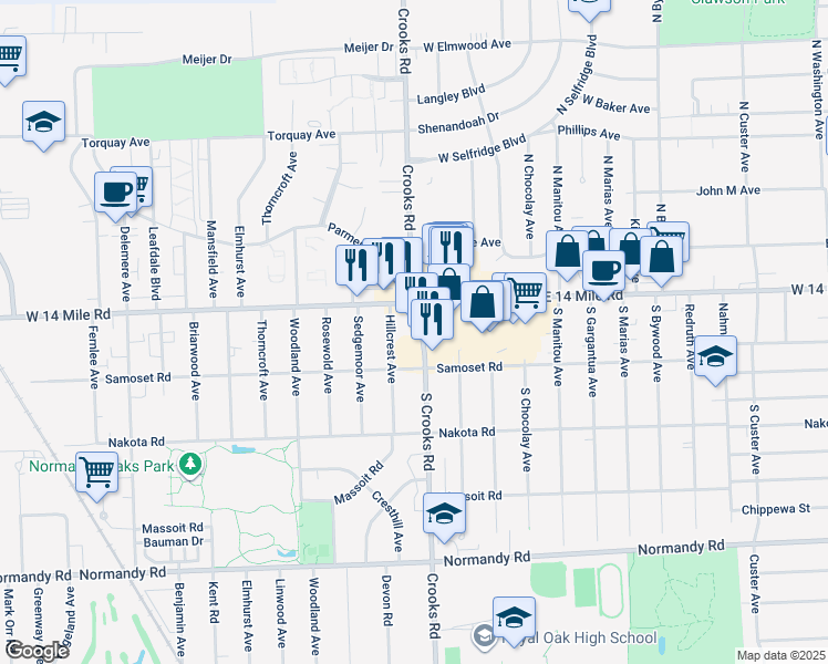 map of restaurants, bars, coffee shops, grocery stores, and more near 4713 Crooks Road in Royal Oak