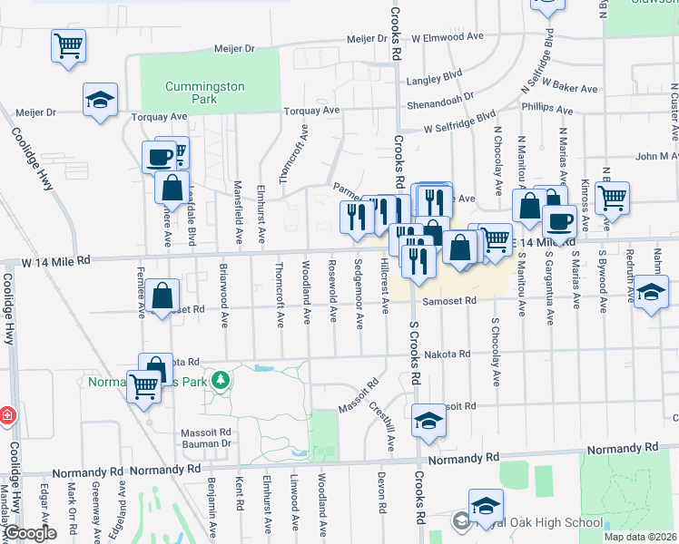 map of restaurants, bars, coffee shops, grocery stores, and more near 1925 West 14 Mile Road in Royal Oak