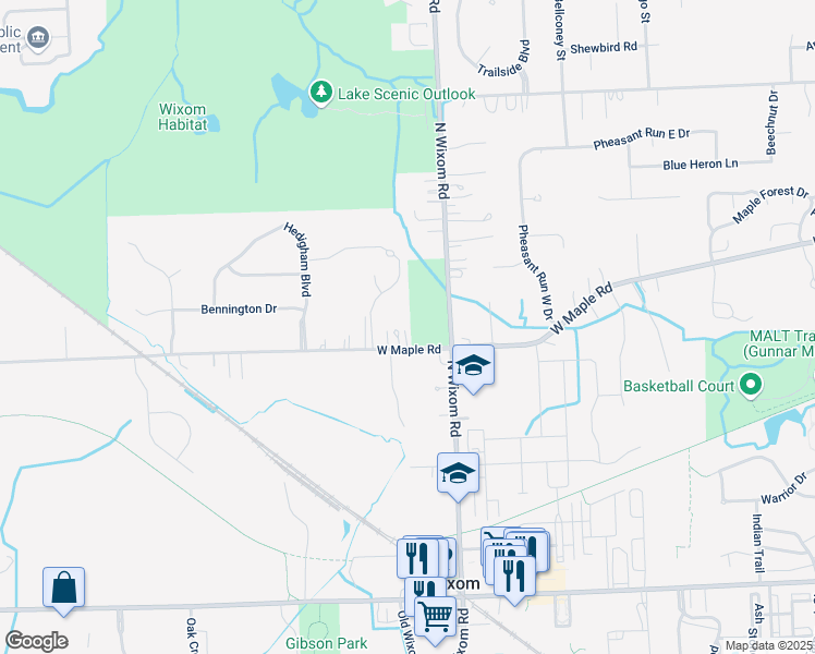 map of restaurants, bars, coffee shops, grocery stores, and more near 3388 W Maple Rd in Wixom