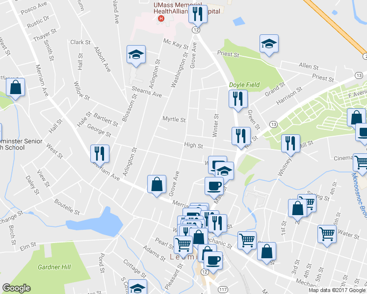 map of restaurants, bars, coffee shops, grocery stores, and more near 94 Grove Avenue in Leominster
