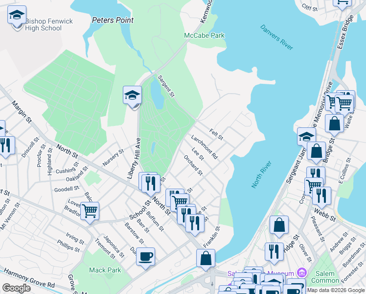 map of restaurants, bars, coffee shops, grocery stores, and more near 27 Lee Street in Salem