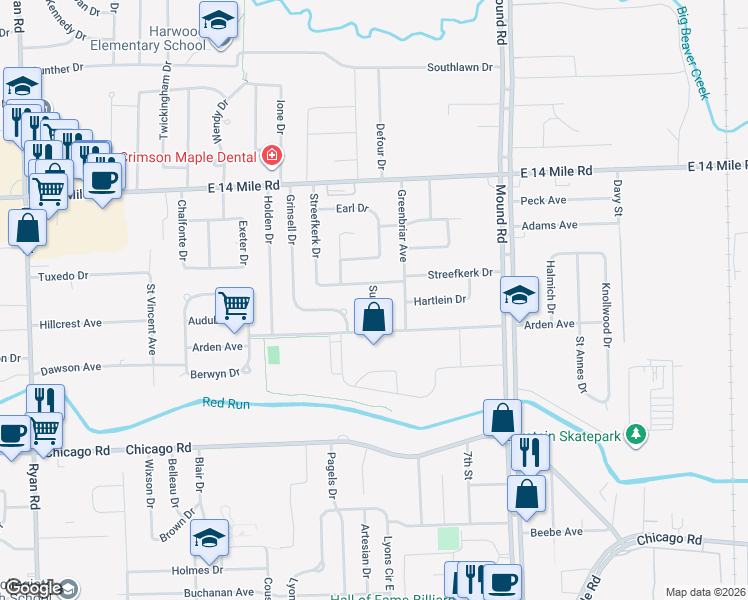 map of restaurants, bars, coffee shops, grocery stores, and more near 5412 Streefkerk Drive in Warren