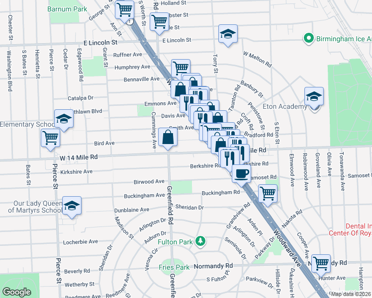 map of restaurants, bars, coffee shops, grocery stores, and more near 1345 East 14 Mile Road in Birmingham