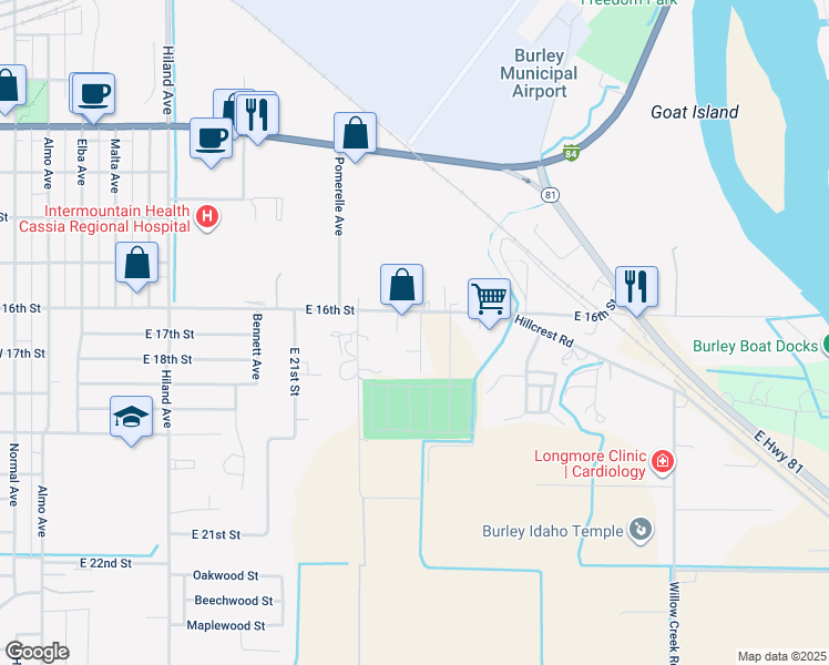 map of restaurants, bars, coffee shops, grocery stores, and more near 1617 East 16th Street in Burley