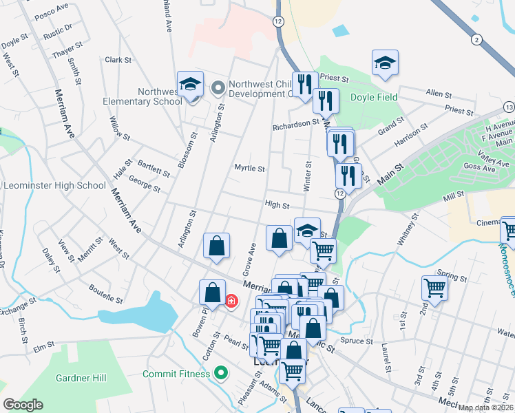 map of restaurants, bars, coffee shops, grocery stores, and more near 94 Grove Avenue in Leominster