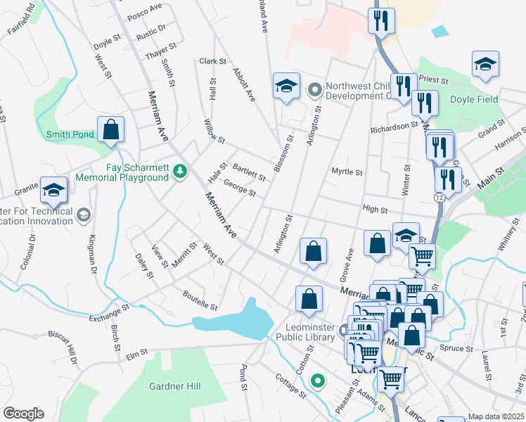 map of restaurants, bars, coffee shops, grocery stores, and more near 70 Blossom Street in Leominster