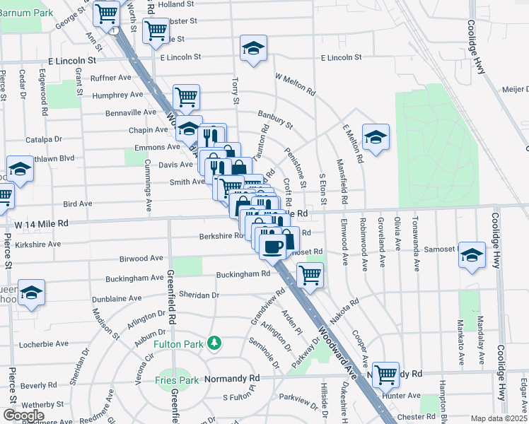 map of restaurants, bars, coffee shops, grocery stores, and more near 1703 East 14 Mile Road in Birmingham