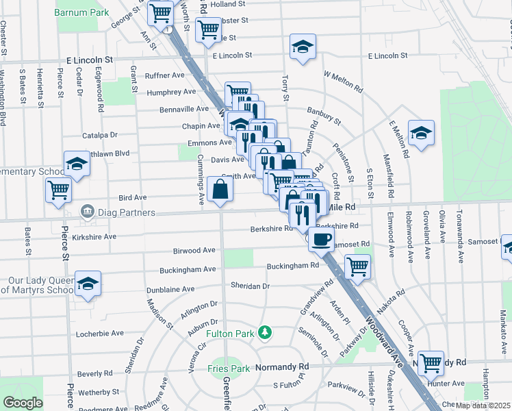 map of restaurants, bars, coffee shops, grocery stores, and more near 1450 Bird Avenue in Birmingham
