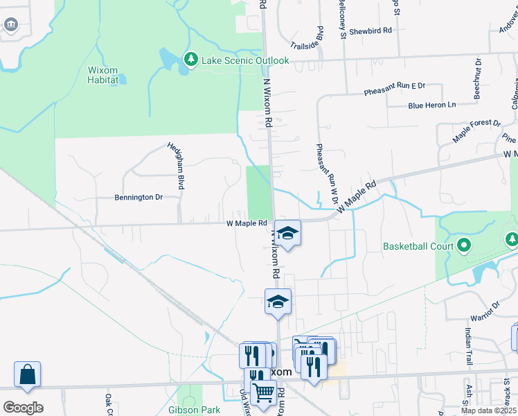 map of restaurants, bars, coffee shops, grocery stores, and more near 3388 West Maple Road in Wixom