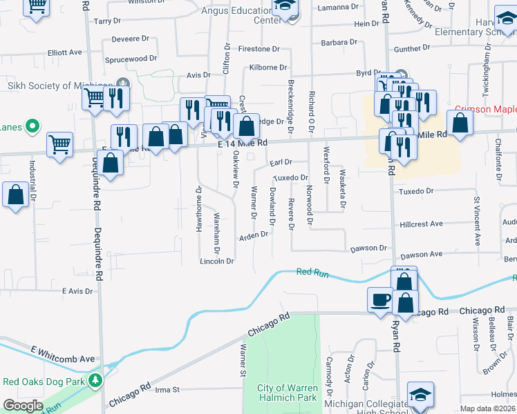 map of restaurants, bars, coffee shops, grocery stores, and more near 32565 Dowland Drive in Warren