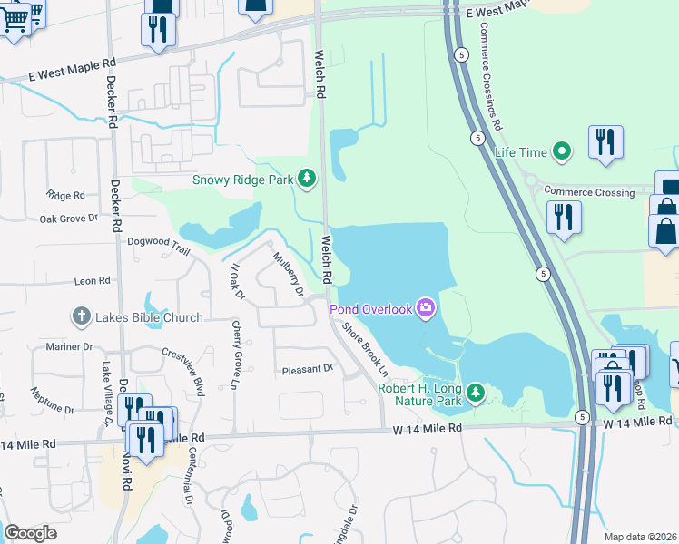 map of restaurants, bars, coffee shops, grocery stores, and more near 452 Berry Lake Drive in Commerce Charter Township