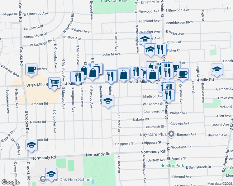 map of restaurants, bars, coffee shops, grocery stores, and more near 49 South Custer Avenue in Clawson