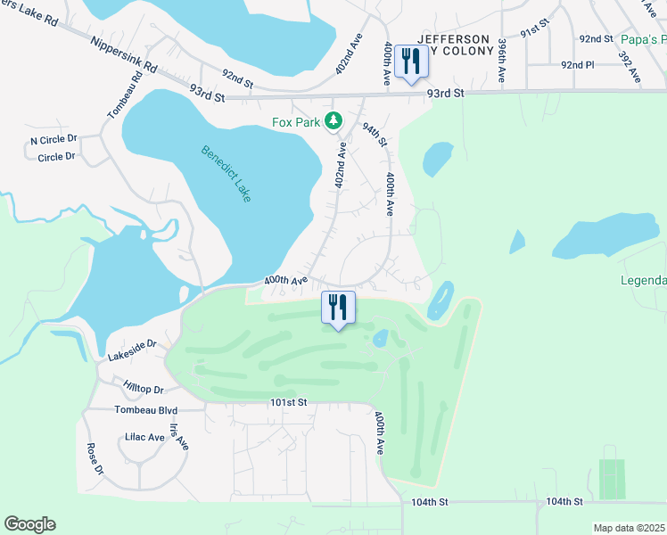 map of restaurants, bars, coffee shops, grocery stores, and more near 9631 402nd Avenue in Genoa City