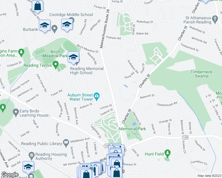 map of restaurants, bars, coffee shops, grocery stores, and more near 2 Bethesda Lane in Reading