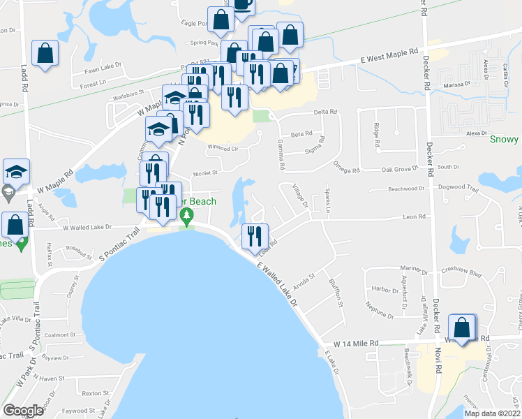 map of restaurants, bars, coffee shops, grocery stores, and more near 176 Clubhouse Circle in Walled Lake
