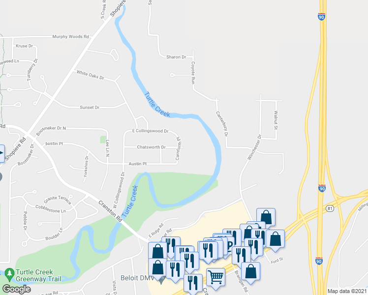 map of restaurants, bars, coffee shops, grocery stores, and more near 2748 Chatsworth Drive in Beloit