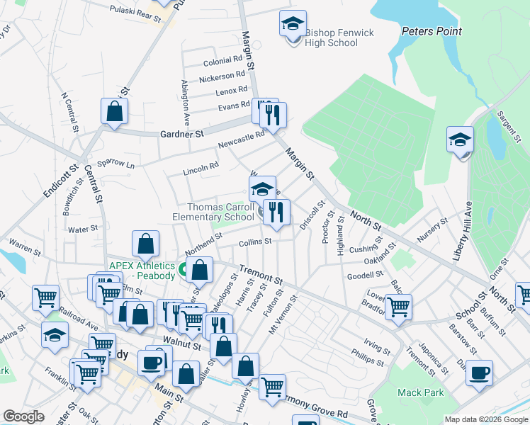 map of restaurants, bars, coffee shops, grocery stores, and more near 60 Northend Street in Peabody