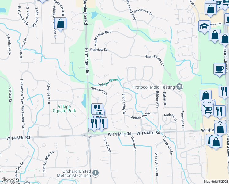 map of restaurants, bars, coffee shops, grocery stores, and more near 6026 Simsbury Court in West Bloomfield Township