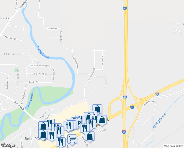 map of restaurants, bars, coffee shops, grocery stores, and more near Winchester Drive in Beloit