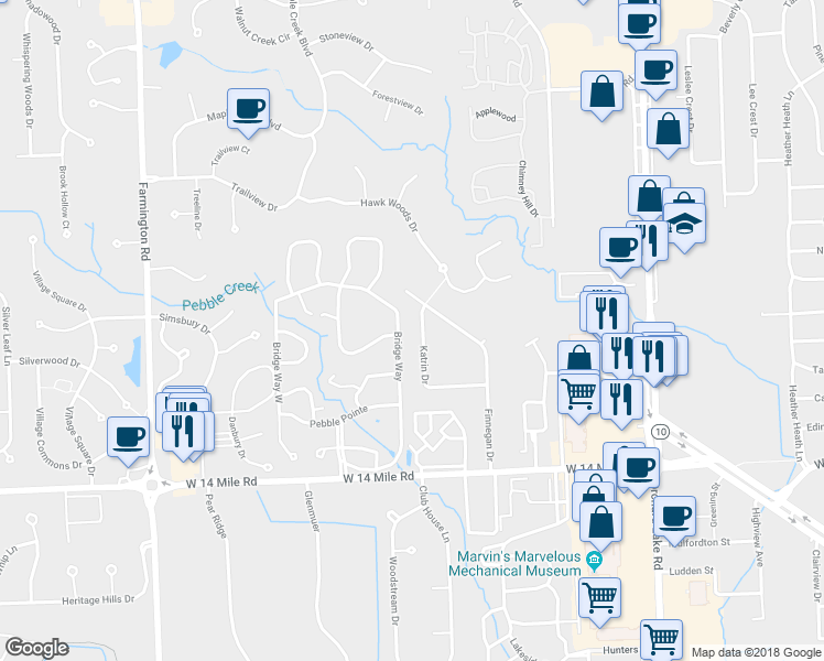map of restaurants, bars, coffee shops, grocery stores, and more near 7230 Katrin Drive in West Bloomfield Township
