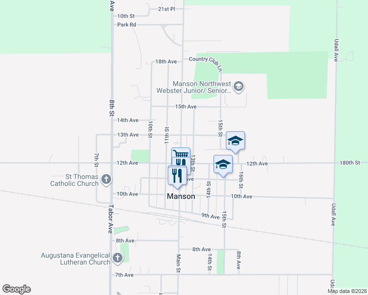 map of restaurants, bars, coffee shops, grocery stores, and more near 1240 Main Street in Manson