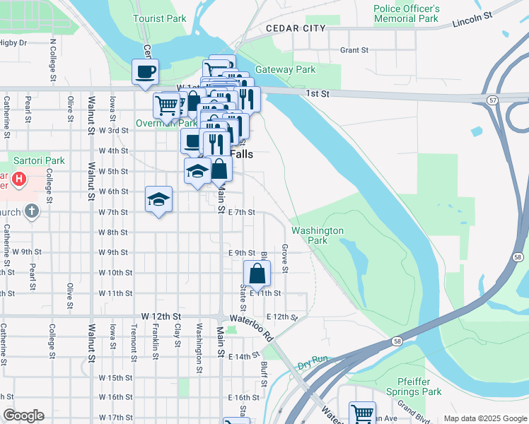 map of restaurants, bars, coffee shops, grocery stores, and more near 700 Grove Street in Cedar Falls