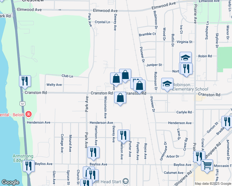 map of restaurants, bars, coffee shops, grocery stores, and more near 1215 Cranston Road in Beloit