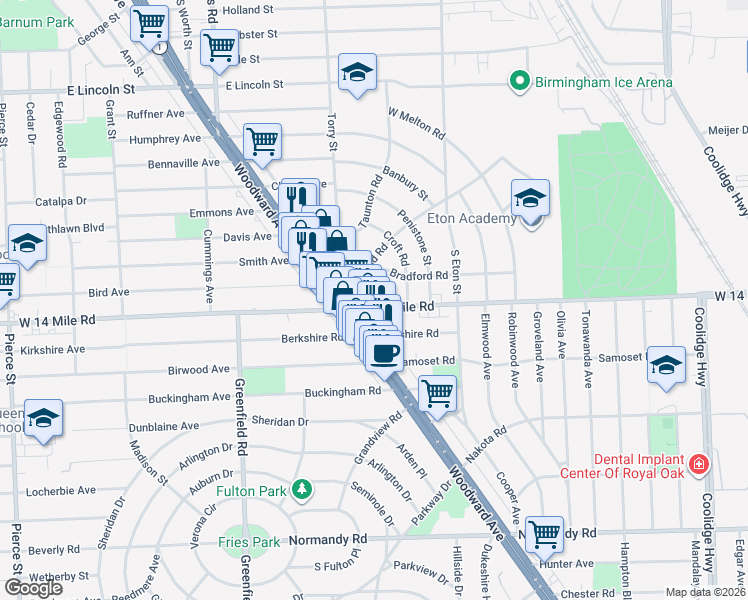 map of restaurants, bars, coffee shops, grocery stores, and more near 1727 East 14 Mile Road in Birmingham