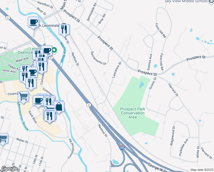 map of restaurants, bars, coffee shops, grocery stores, and more near 6 Daisy Drive in Leominster