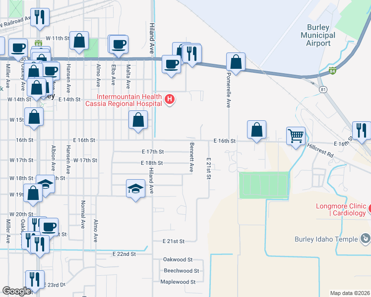 map of restaurants, bars, coffee shops, grocery stores, and more near 1101 East 16th Street in Burley